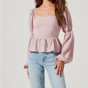 Astr the Label Pink Smocked Peplum Blouse with Puff Sleeves